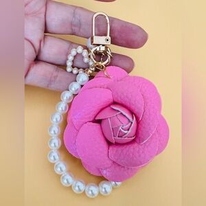 Pink PU Leather Camellia Keychain with Pearl Strap